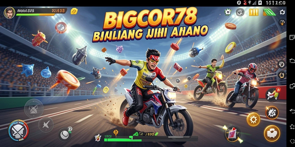 Tampilan gameplay seru dari BIGCOR78 saat balapan di trek menantang.
