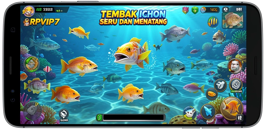 Tampilan gameplay RPVIP7 dengan aksi menembak ikan.
